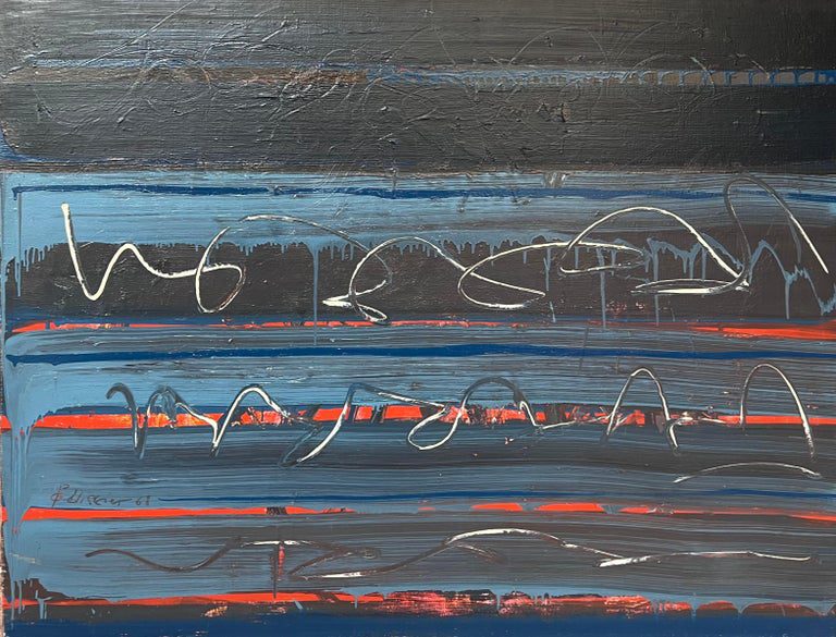 Blue Black and Red Streak Layered Abstract French 20th Century Painting
