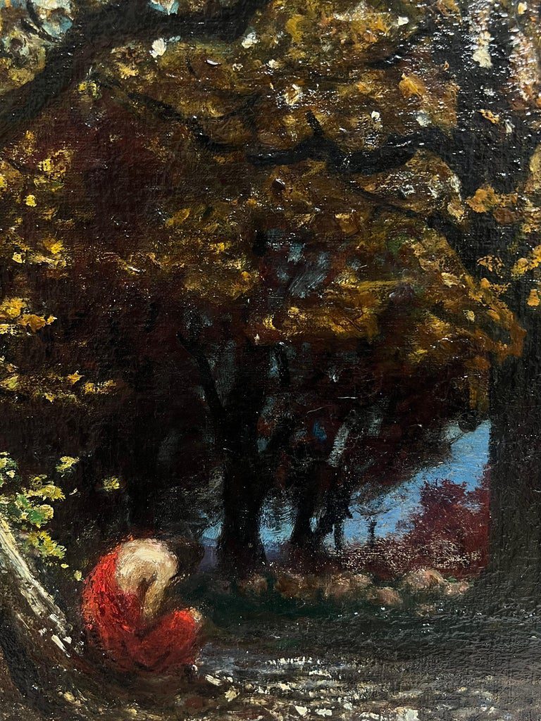Mid 19th Century French Barbizon Woodland Oil Painting Semi Nude Figure - Image 5