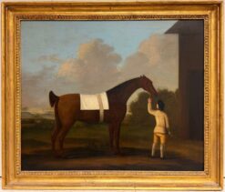 Fine 1760's English Sporting Art Oil Painting Bay Horse & Groom in Landscape