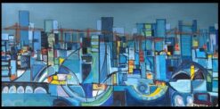 Huge 20th Century French Cubist Abstract Cityscape in Blue Amazing Colors