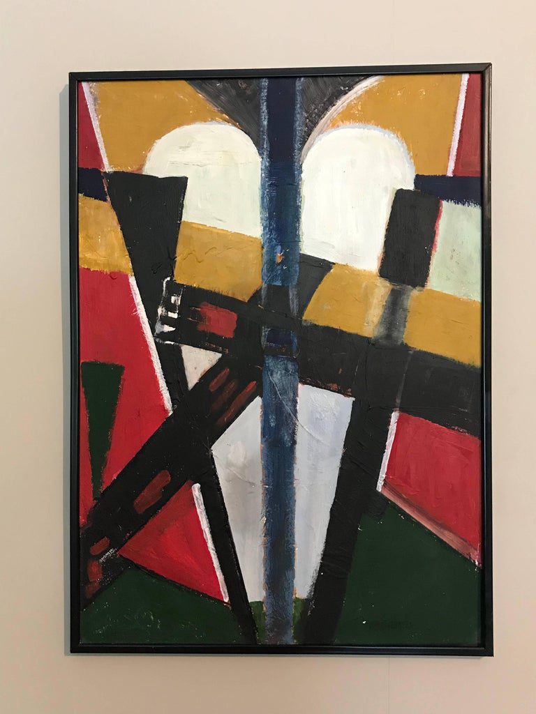 French Cubist Abstract Oil Painting Reds Greens & White - Image 2