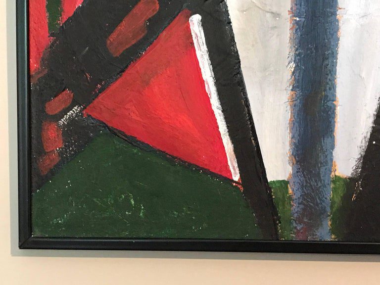 French Cubist Abstract Oil Painting Reds Greens & White - Image 4