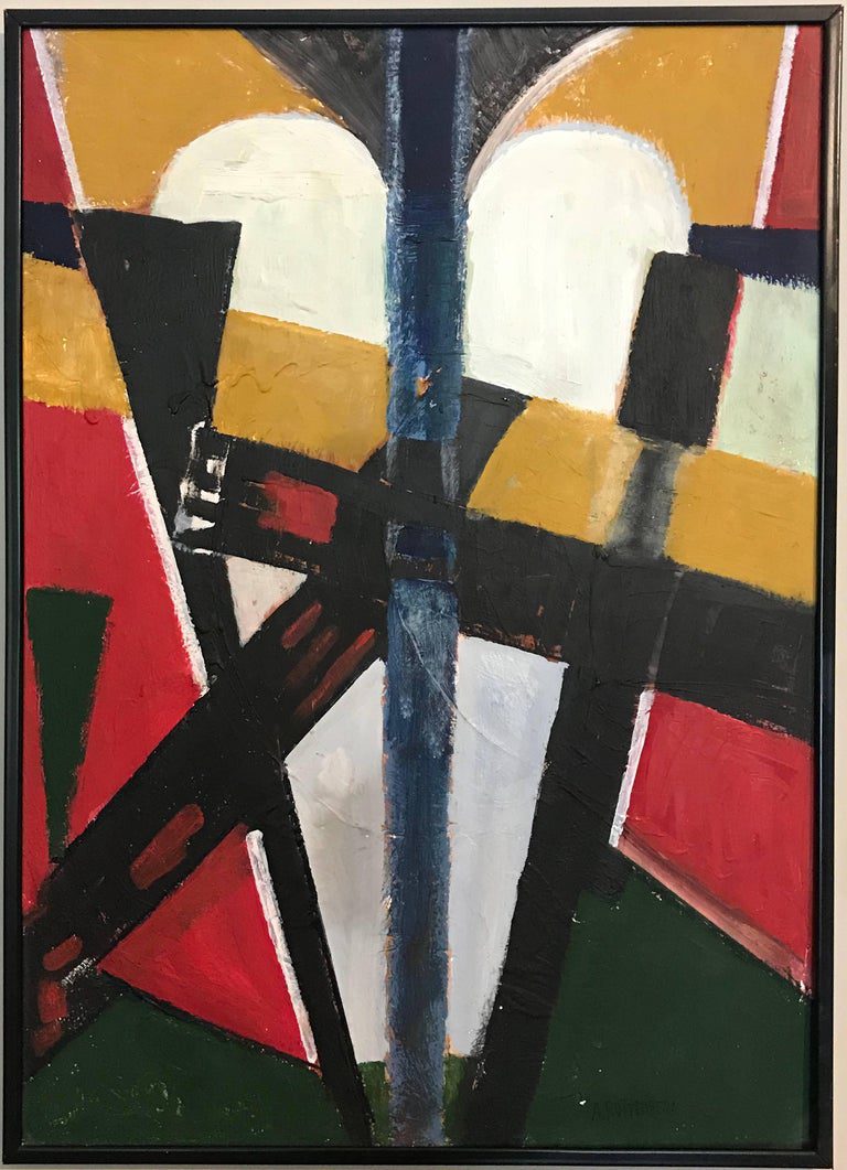 French Cubist Abstract Oil Painting Reds Greens & White - Image 5