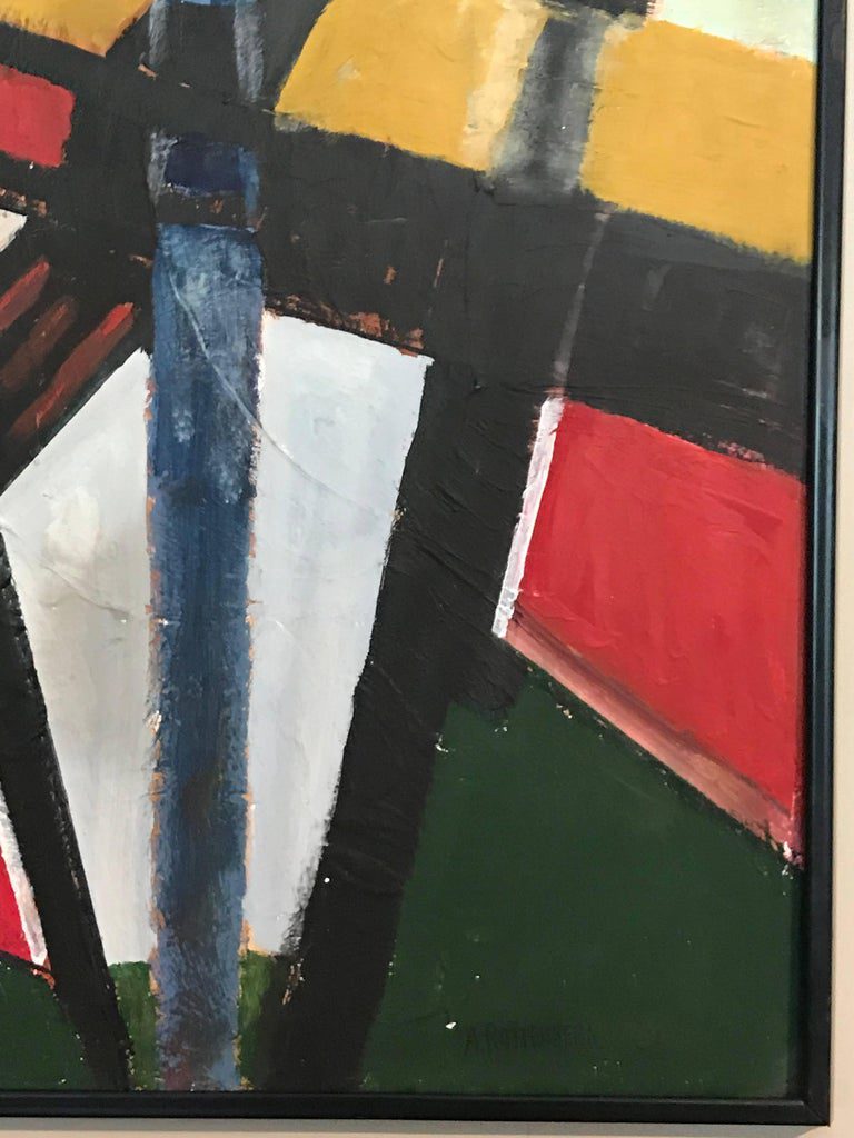 French Cubist Abstract Oil Painting Reds Greens & White - Image 9
