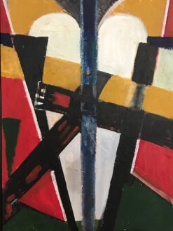 French Cubist Abstract Oil Painting Reds Greens & White