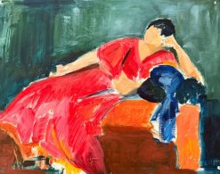 Elegant Lady In a Red Dress Posed On Sofa French Interior Oil Painting