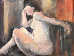 Nude Female Figure Posed Side Profile French Interior Oil Painting