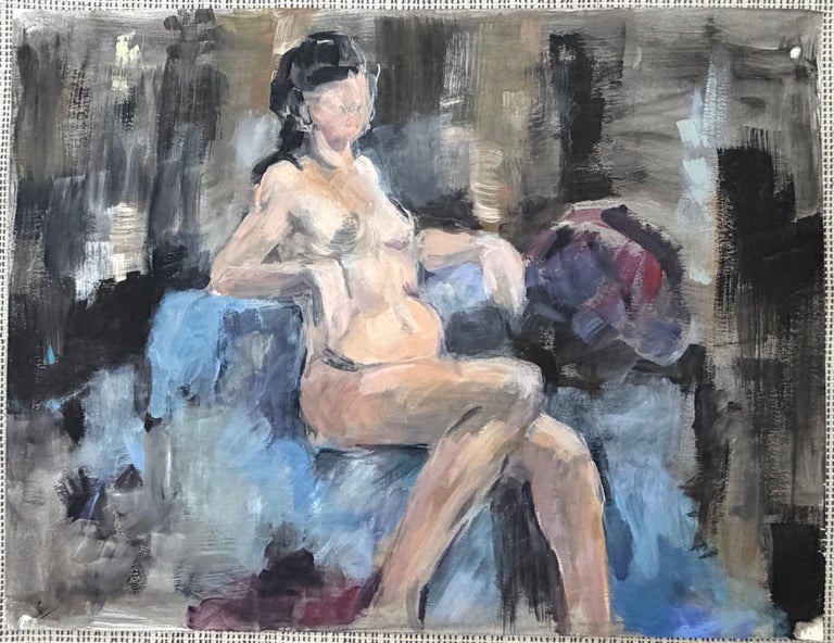 Nude Female Figure Posed on Blue Sofa in Cool Interior Room Oil Painting - Image 2
