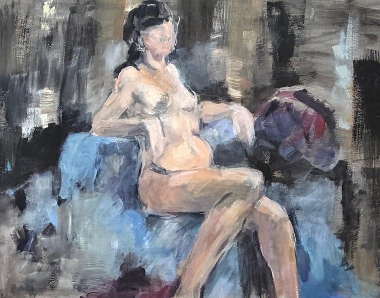 Nude Female Figure Posed on Blue Sofa in Cool Interior Room Oil Painting - Image 3