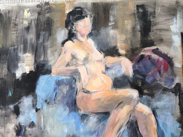 Nude Female Figure Posed on Blue Sofa in Cool Interior Room Oil Painting - Image 4