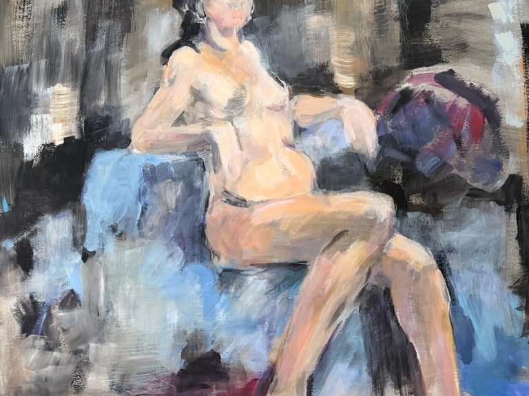Nude Female Figure Posed on Blue Sofa in Cool Interior Room Oil Painting - Image 5