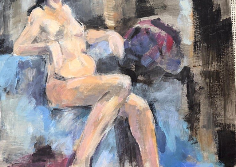 Nude Female Figure Posed on Blue Sofa in Cool Interior Room Oil Painting - Image 6