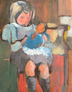Young Girl Sitting with Her Doll Interior Scene Modernist Oil Painting