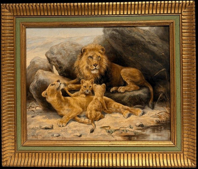 Family of Lions & Cubs in Rocky Landscape 19th Century Signed Oil Painting - Image 2