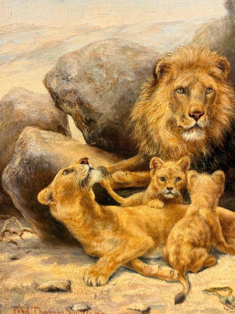 Family of Lions & Cubs in Rocky Landscape 19th Century Signed Oil Painting - Image 3
