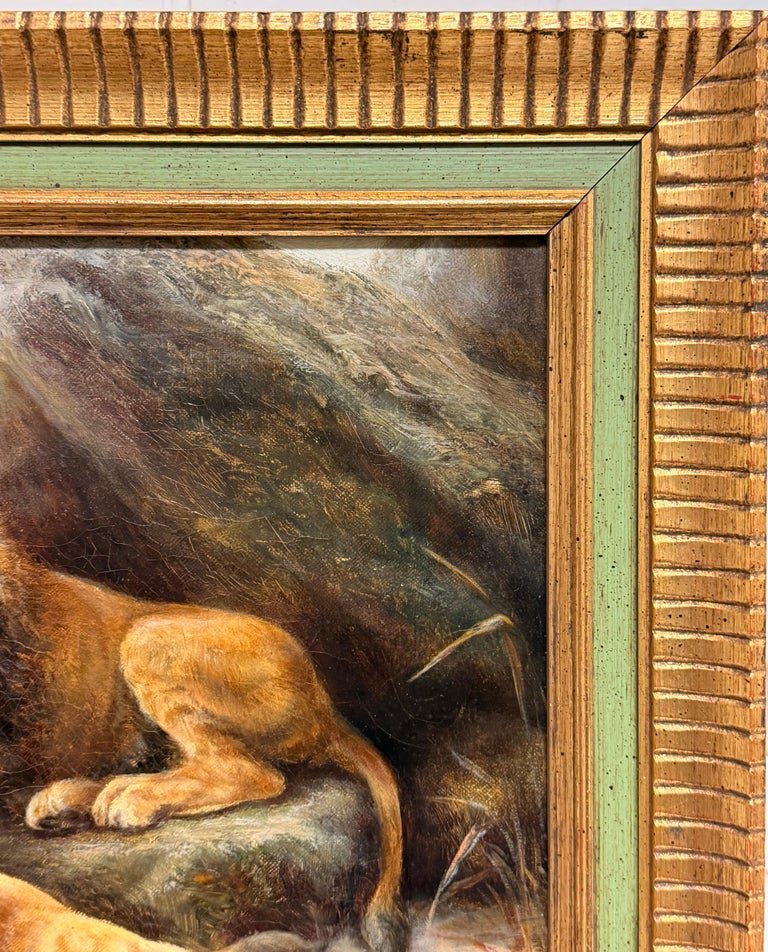 Family of Lions & Cubs in Rocky Landscape 19th Century Signed Oil Painting - Image 4
