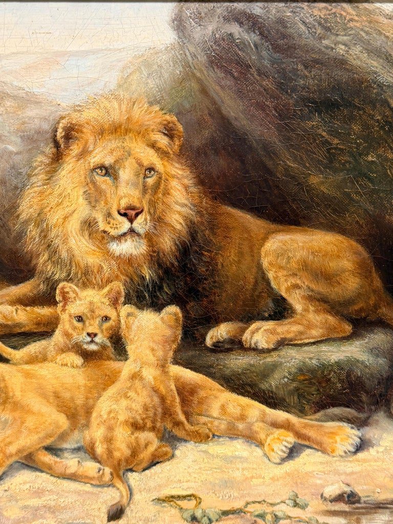 Family of Lions & Cubs in Rocky Landscape 19th Century Signed Oil Painting - Image 5