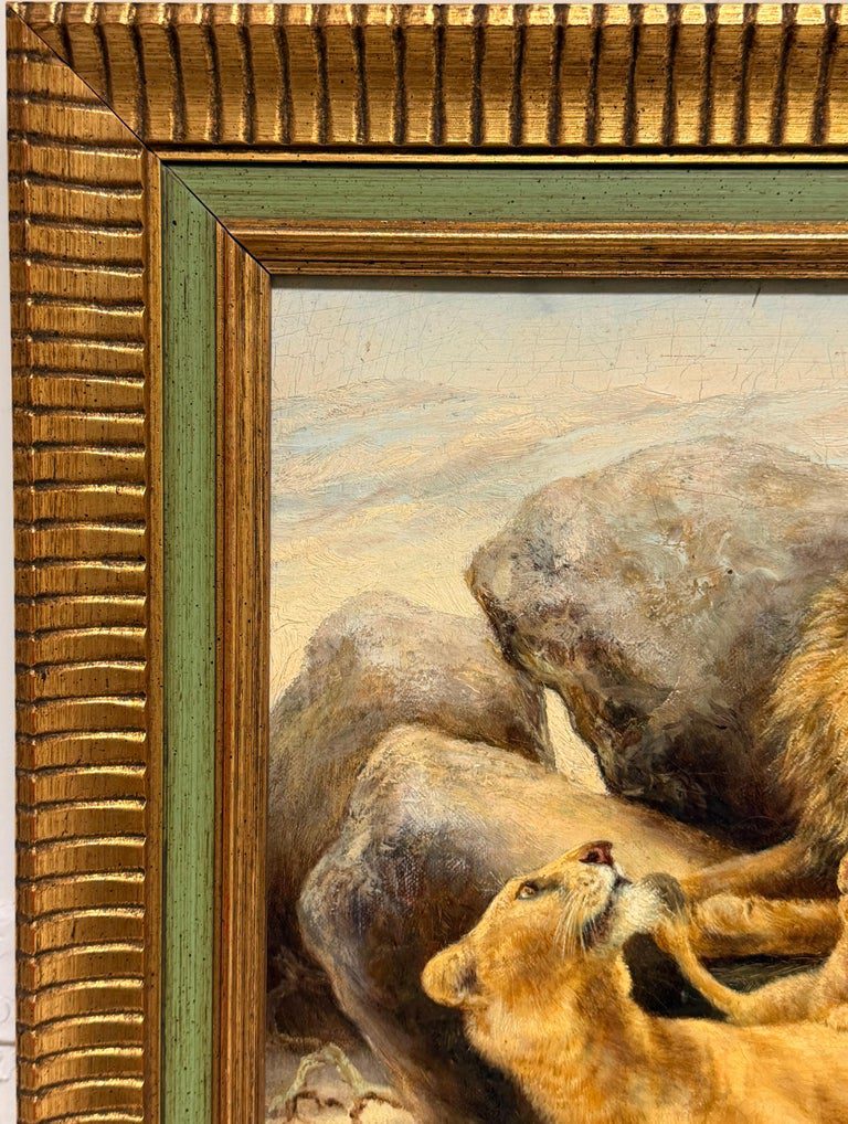 Family of Lions & Cubs in Rocky Landscape 19th Century Signed Oil Painting - Image 7