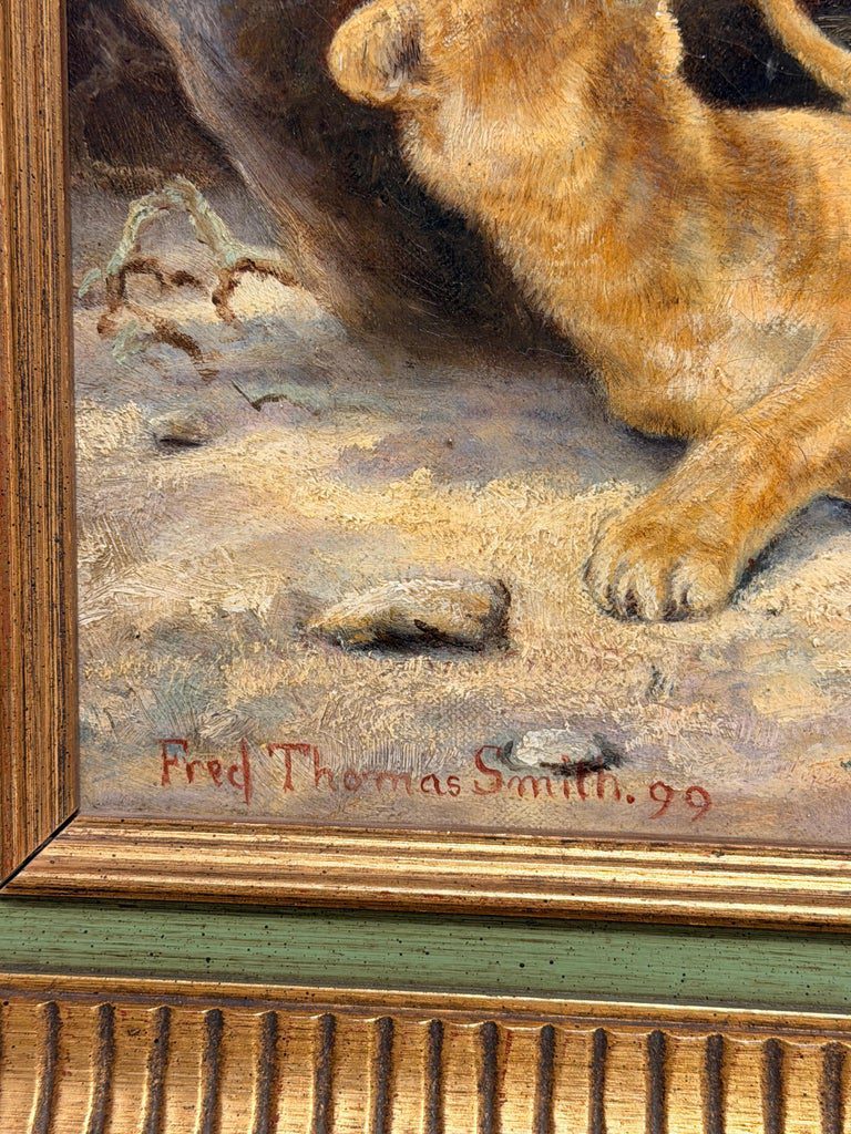 Family of Lions & Cubs in Rocky Landscape 19th Century Signed Oil Painting - Image 8