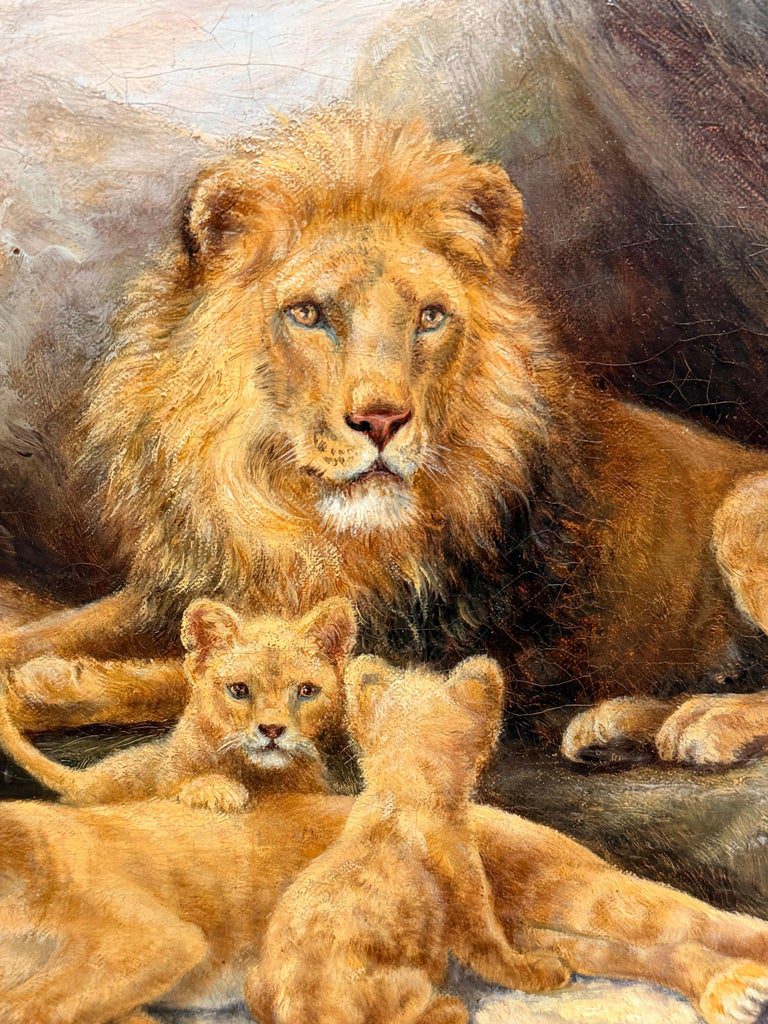 Family of Lions & Cubs in Rocky Landscape 19th Century Signed Oil Painting - Image 9