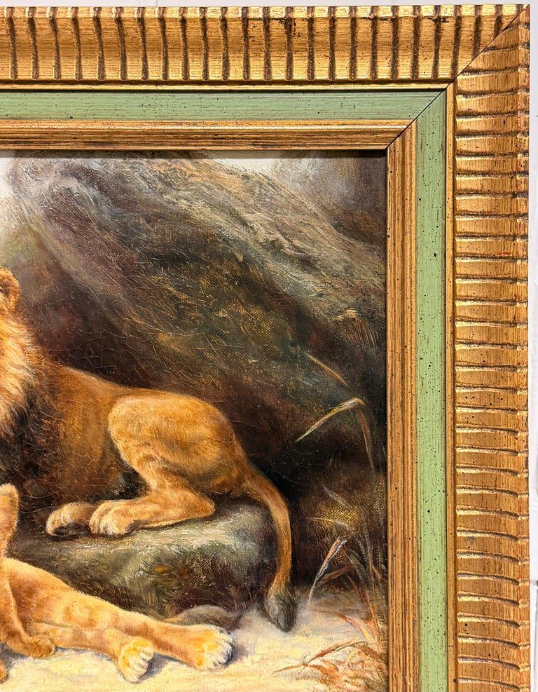 Family of Lions & Cubs in Rocky Landscape 19th Century Signed Oil Painting - Image 10