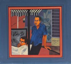 1990's Indian Artist Signed Modernist Painting Two Male Figures in Interior