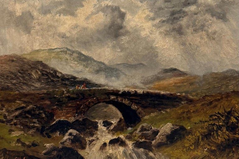 Antique Scottish Signed Oil Painting Figures Highland Stone Bridge River Scene - Image 2