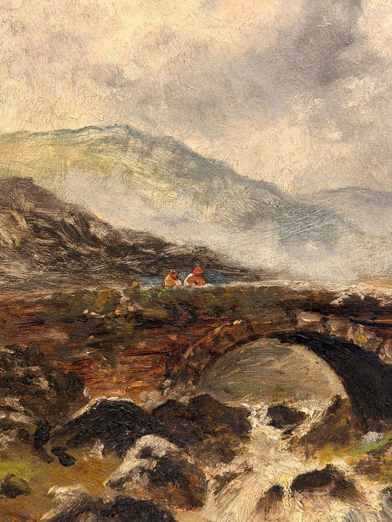 Antique Scottish Signed Oil Painting Figures Highland Stone Bridge River Scene - Image 5
