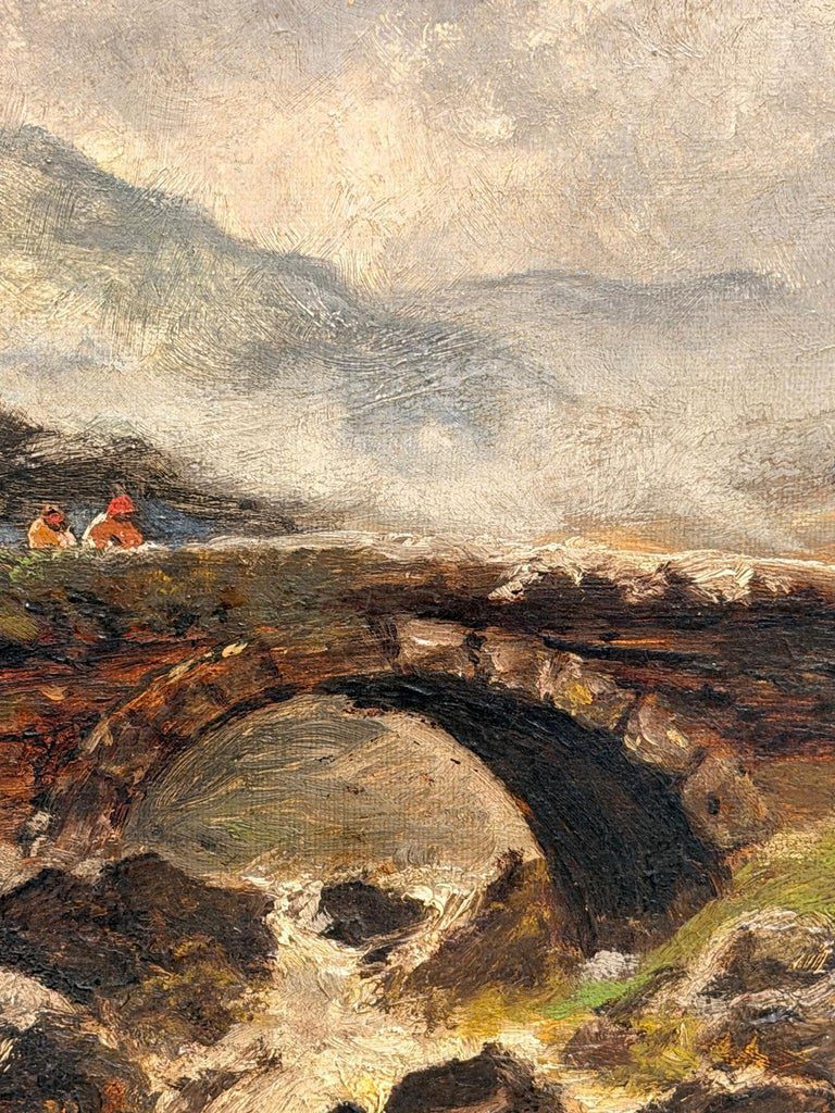 Antique Scottish Signed Oil Painting Figures Highland Stone Bridge River Scene - Image 7