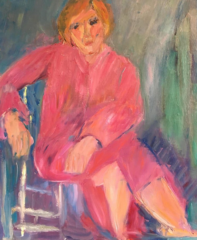 Pink Lady Impressionist Portrait Oil Painting, Signed, 20th Century