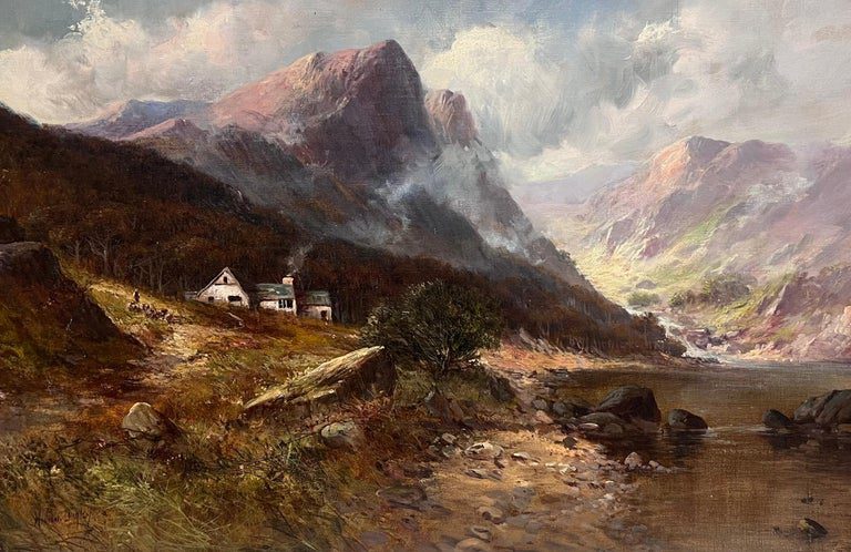 Antique Oil Scottish Highland Loch Valley Cottages Path Mountains Dramatic Sky - Image 2