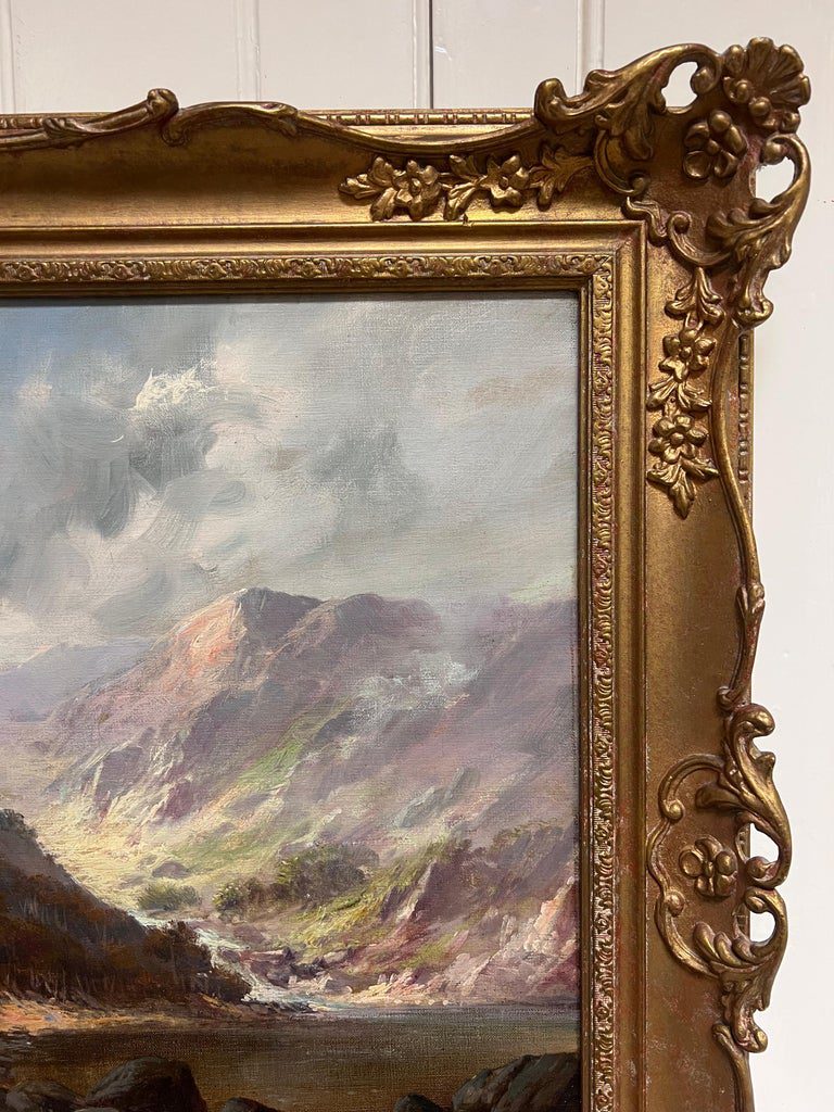 Antique Oil Scottish Highland Loch Valley Cottages Path Mountains Dramatic Sky - Image 3