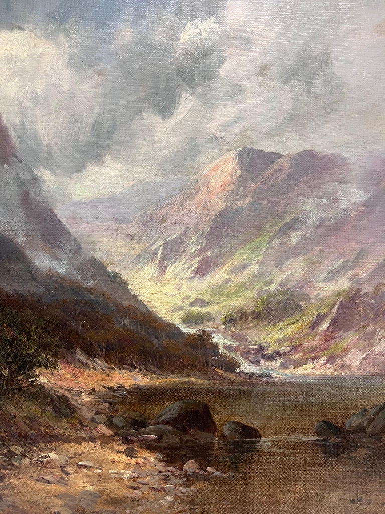 Antique Oil Scottish Highland Loch Valley Cottages Path Mountains Dramatic Sky - Image 4