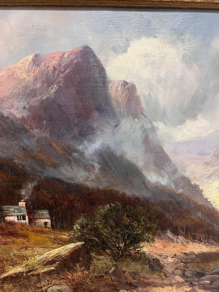 Antique Oil Scottish Highland Loch Valley Cottages Path Mountains Dramatic Sky - Image 5