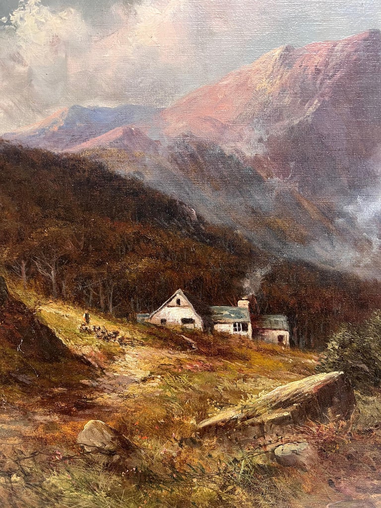 Antique Oil Scottish Highland Loch Valley Cottages Path Mountains Dramatic Sky - Image 6