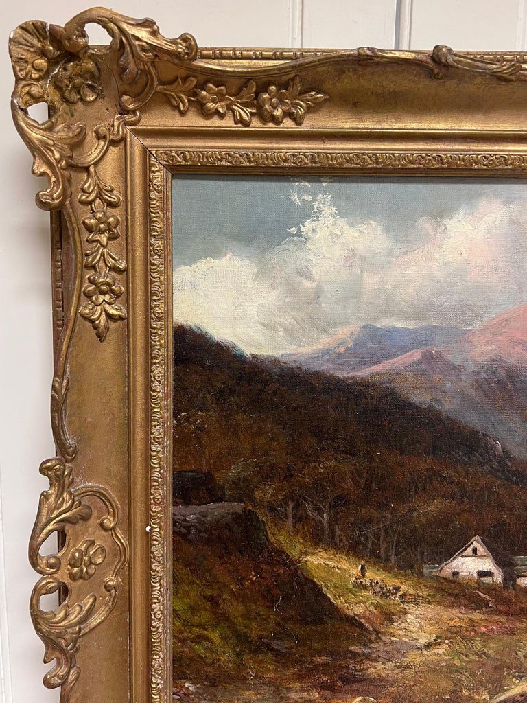 Antique Oil Scottish Highland Loch Valley Cottages Path Mountains Dramatic Sky - Image 7