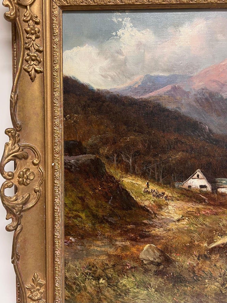 Antique Oil Scottish Highland Loch Valley Cottages Path Mountains Dramatic Sky - Image 8
