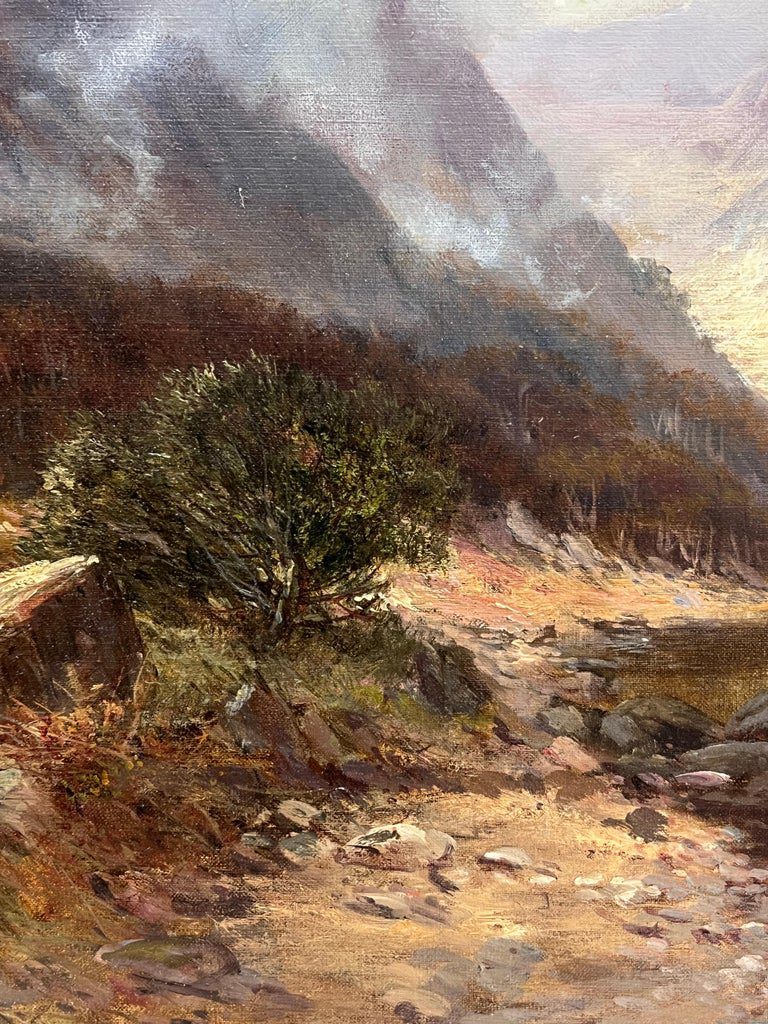 Antique Oil Scottish Highland Loch Valley Cottages Path Mountains Dramatic Sky - Image 10