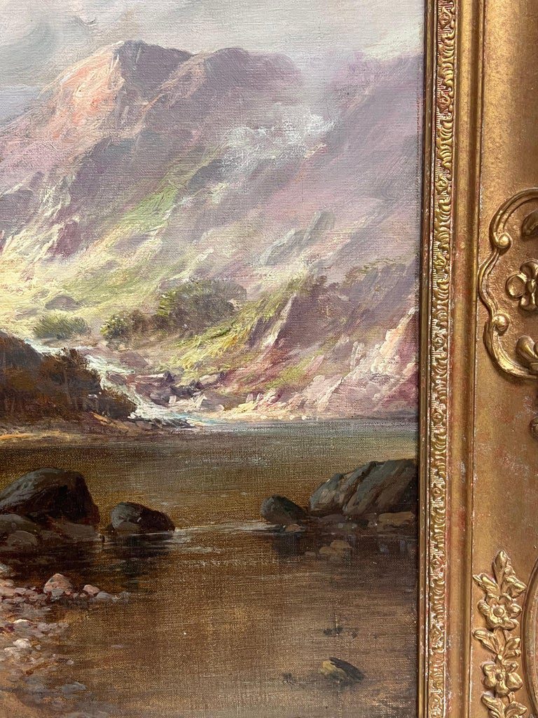 Antique Oil Scottish Highland Loch Valley Cottages Path Mountains Dramatic Sky - Image 11