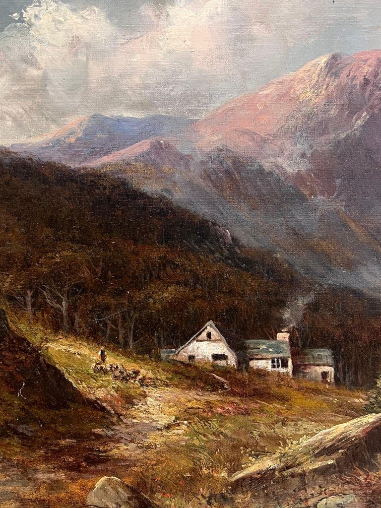 Antique Oil Scottish Highland Loch Valley Cottages Path Mountains Dramatic Sky - Image 12