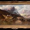 Antique Oil Scottish Highland Loch Valley Cottages Path Mountains Dramatic Sky