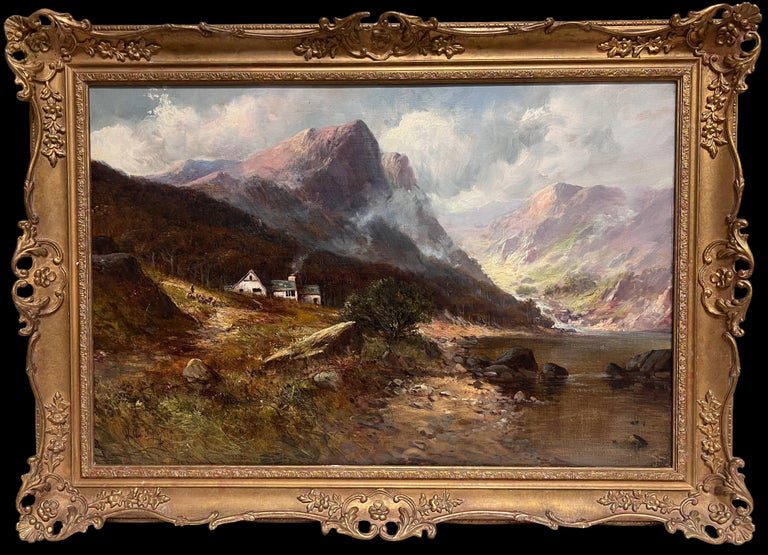 Antique Oil Scottish Highland Loch Valley Cottages Path Mountains Dramatic Sky