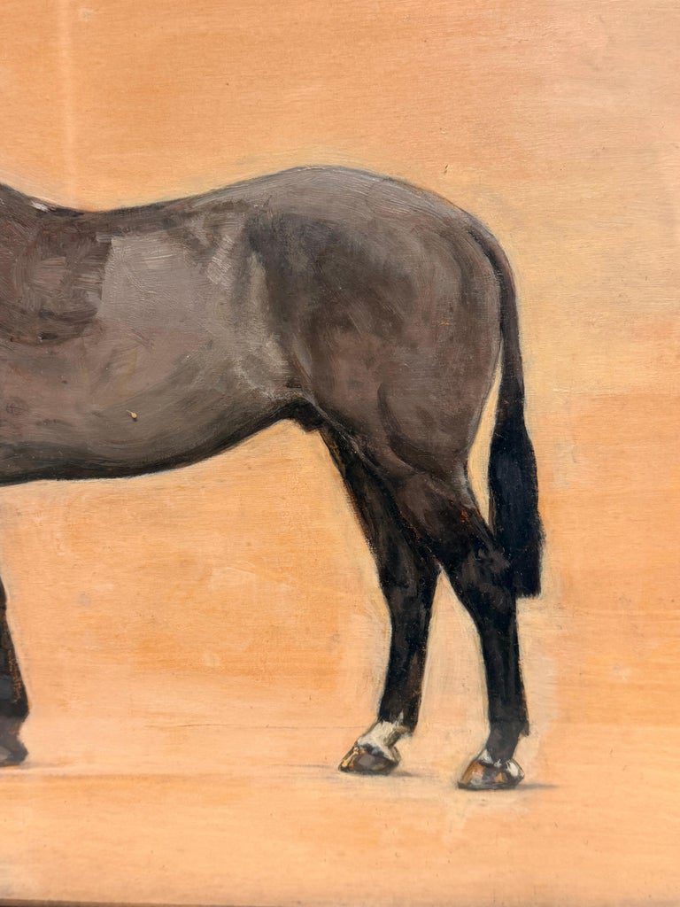 1930's Oil Dark Brown Thoroughbred Racehorse Standing in Profile Signed Painting - Image 3