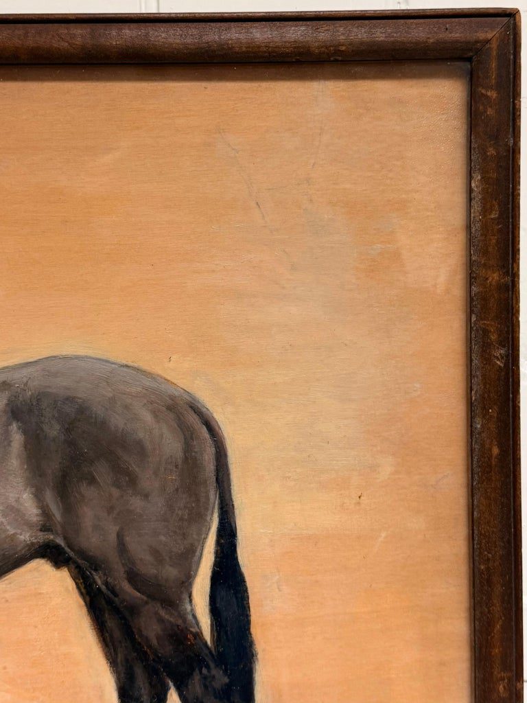 1930's Oil Dark Brown Thoroughbred Racehorse Standing in Profile Signed Painting - Image 4