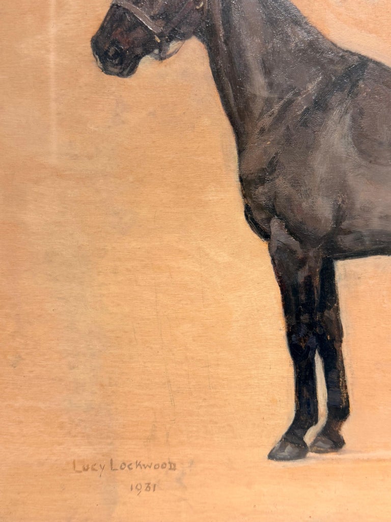 1930's Oil Dark Brown Thoroughbred Racehorse Standing in Profile Signed Painting - Image 6