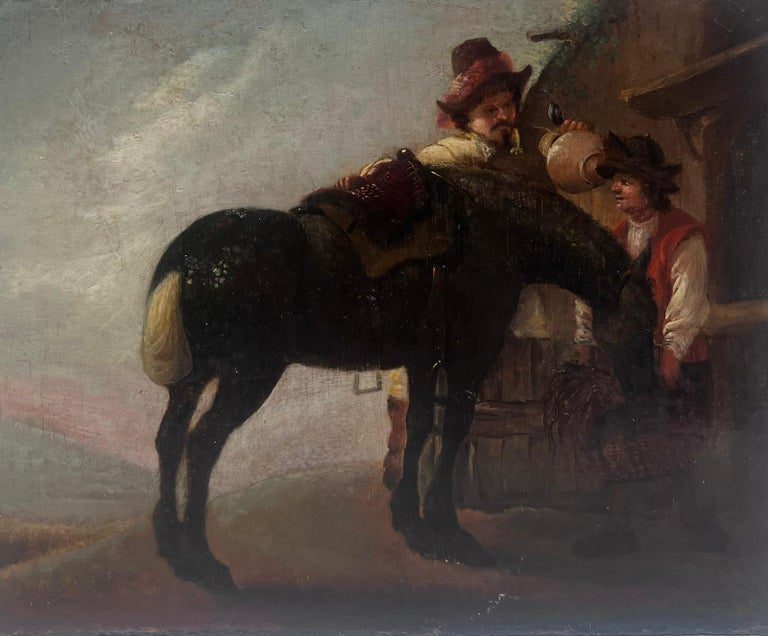 Fine 17th Century Dutch Oil Painting on Wood Panel Horse & Figures Resting - Image 2