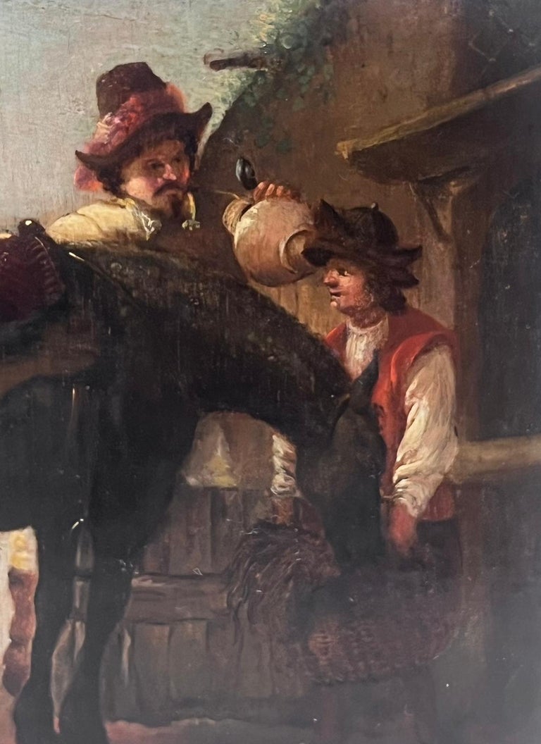 Fine 17th Century Dutch Oil Painting on Wood Panel Horse & Figures Resting - Image 3