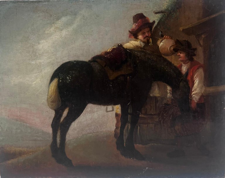 Fine 17th Century Dutch Oil Painting on Wood Panel Horse & Figures Resting - Image 4