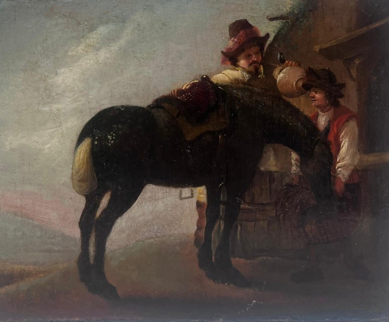 Fine 17th Century Dutch Oil Painting on Wood Panel Horse & Figures Resting