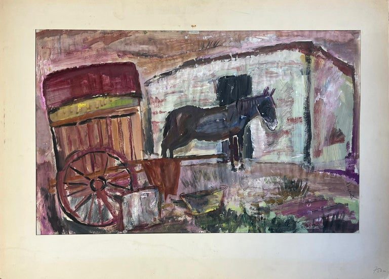 French Post Impressionist Oil Rustic Farmyard Scene with Horse and Carriage - Image 2